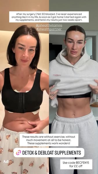 This ad uses a before-and-after format to showcase the results of JSHealth Vitamins' Detox & Debloat Supplements