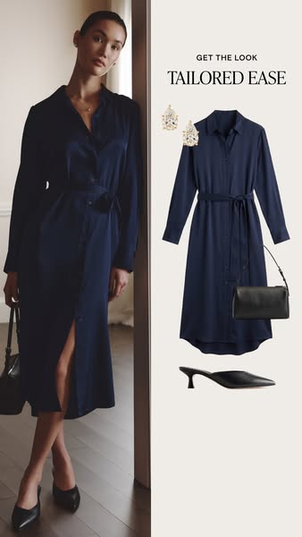 An ad showing a full outfit including a navy dress, shoes, a bag and earrings.