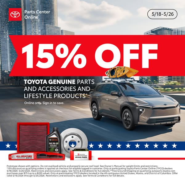 This image ad by Toyota Parts Center Online promotes a 15% discount on genuine parts, accessories, and lifestyle product