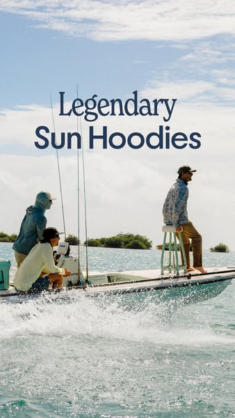 A lifestyle image shows three people wearing sun hoodies in the middle of the ocean. A headline introduces sun hoodies a