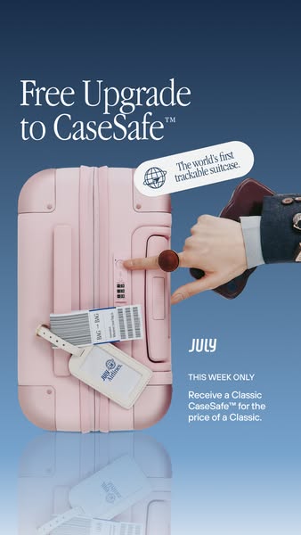 This image ad promotes a limited time offer by Away for a free upgrade to CaseSafe™ when purchasing a classic suitcase.