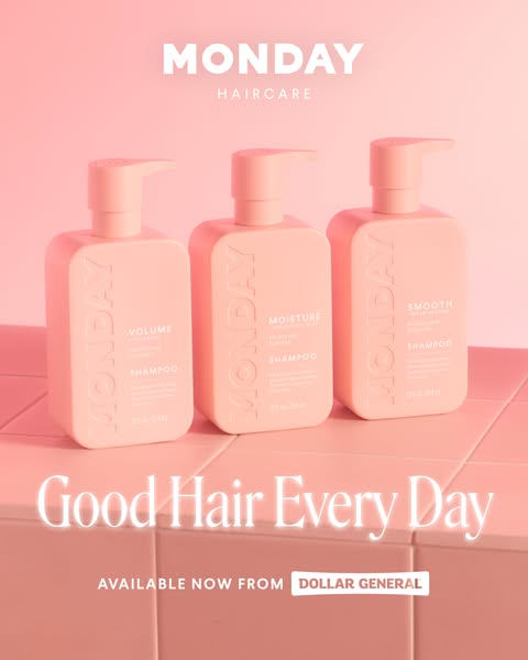 This ad features three bottles of MONDAY Haircare shampoo products, each a different variety, set against a matching pin