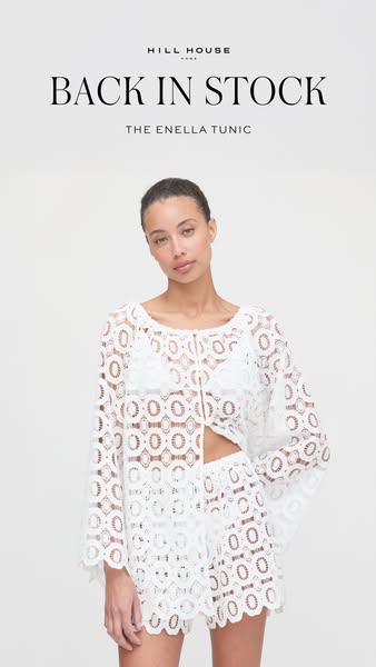 An image ad for Hill House Home featuring a model wearing the Enella Tunic set. The headline announces the product is ba