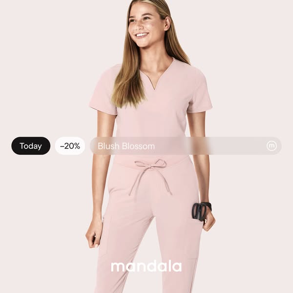 This ad shows a female model wearing pink Mandala brand scrubs with a price discount advertised.