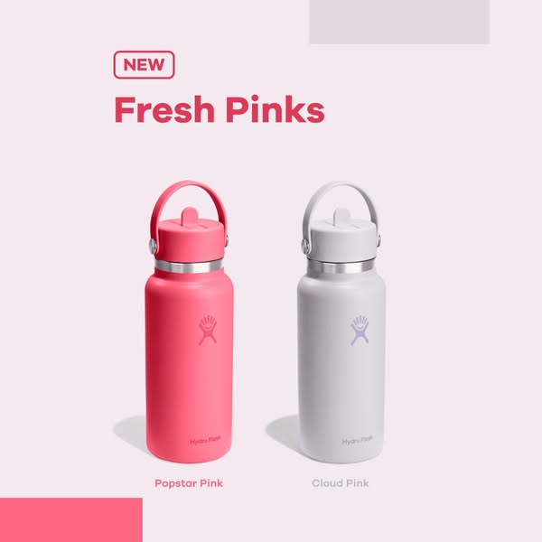 This image ad showcases Hydro Flask's new colors, Popstar Pink and Cloud Pink, in a minimalist and visually appealin