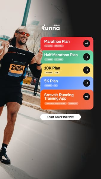 This image ad for Runna features a smiling runner along with a list of the app's training plans for different distan