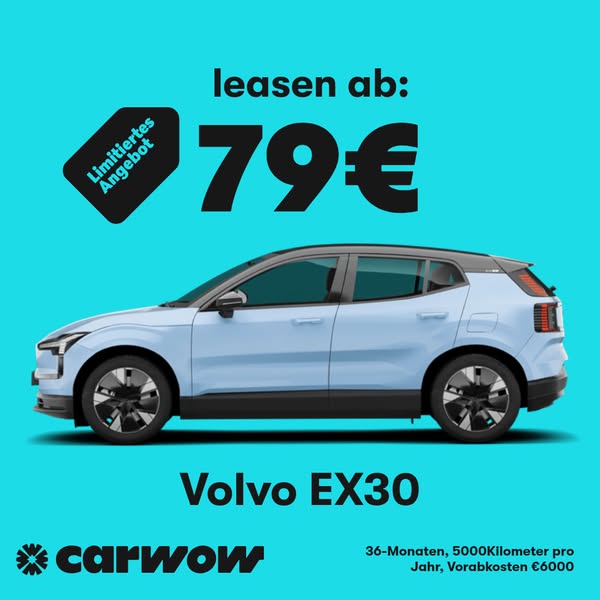 This is an image ad showcasing the Volvo EX30, promoting a leasing offer. The ad features a light blue Volvo EX30 agains