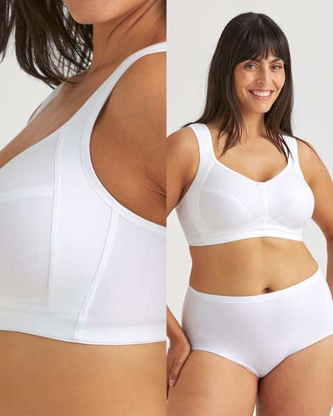 An ad for a white bra and matching underwear set, targeting women seeking comfort and support without sacrificing style.