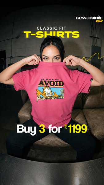 An image ad for Bewakoof.com classic fit T-shirts with an offer to buy 3 for ₹1199. The ad features a person holding up 
