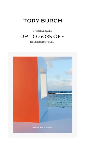 This is an ad for Tory Burch promoting a special sale of up to 50% off selected styles. The ad features a minimalist aes