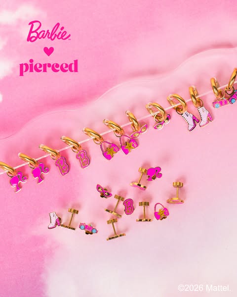 The image showcases a collection of gold-colored hoop and stud earrings with pink charms, all designed in a Barbie theme