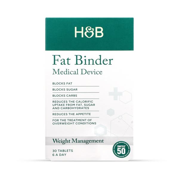 This ad promotes H&B Fat Binder tablets, which are presented as a medical device for weight management. The ad highl
