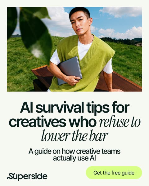 The ad is for a guide on how creative teams can use AI. It features a man holding a laptop in an outdoor setting.