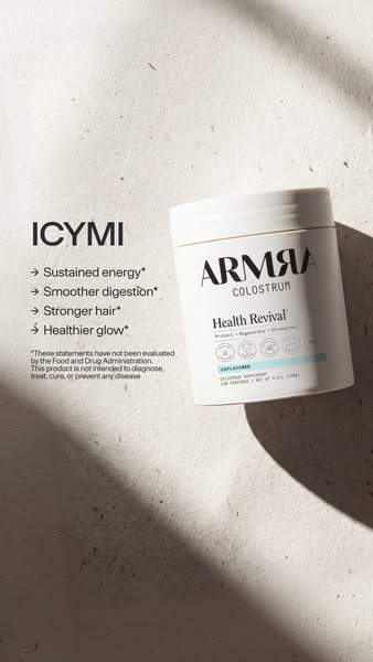 This image ad showcases ARMAA Colostrum Health Revival powder. It highlights the benefits of the product, focusing on su