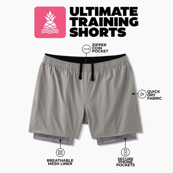 This image ad showcases a pair of gray training shorts with a focus on their features, such as a zipper coin pocket, qui