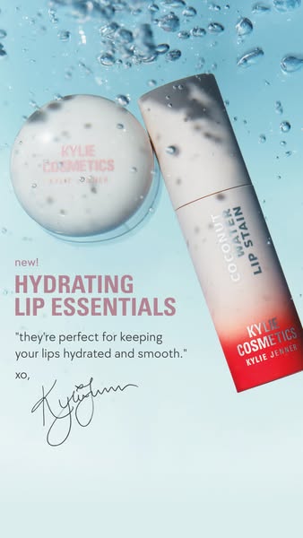The ad features Kylie Cosmetics' new hydrating lip essentials, the Coconut Water Lip Stain and lip balm. It highligh