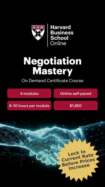 This is an image ad for Harvard Business School Online's Negotiation Mastery course. The ad highlights the on-demand