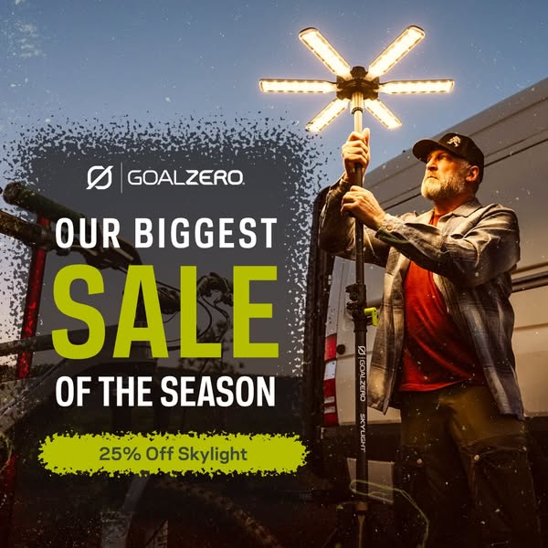 An advertisement for Goal Zero's Skylight product, highlighting a significant seasonal sale. The ad features a man h