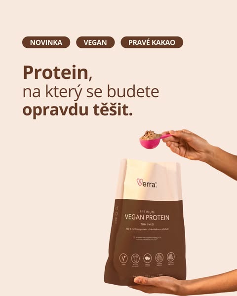 This ad features a vegan protein product from Verra. The ad uses a light and inviting color palette, presenting the prot