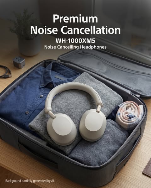 This image ad showcases Sony's WH-1000XM5 noise-canceling headphones. The headphones are placed in a half-packed sui