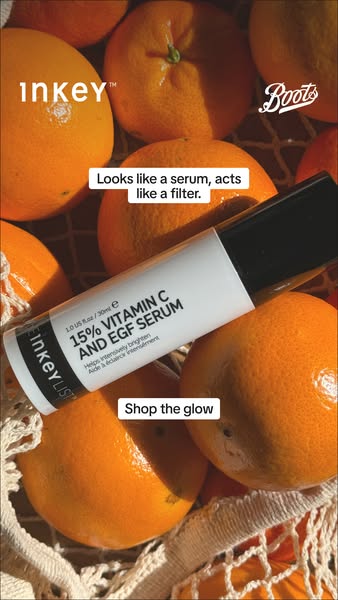 This ad for The Inkey List's 15% Vitamin C and EGF Serum showcases the product amongst a background of oranges and p