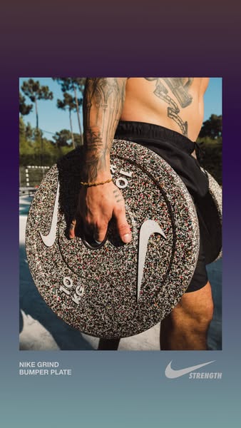 This ad features a man holding a Nike Grind Bumper Plate. The ad highlights the Nike Grind Bumper Plate.