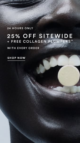 An image ad for a beauty brand offering 25% off sitewide and a free collagen plumper with every order for 24 hours only.