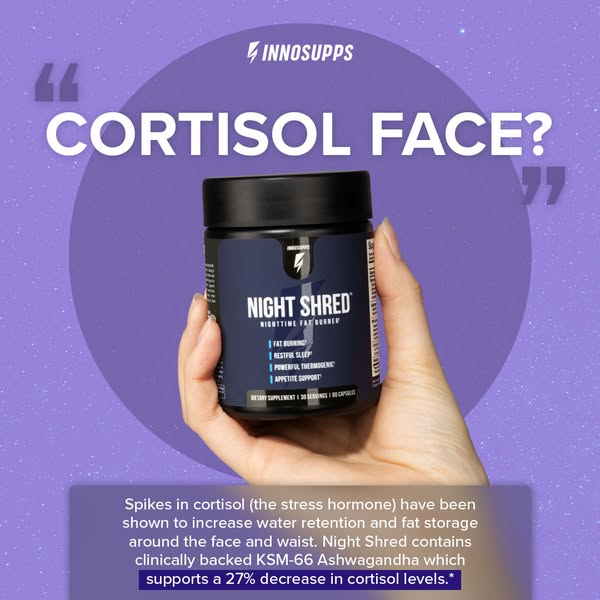The ad features an image of Inno Supps Night Shred nighttime fat burner supplement. The ad copy and visual elements high