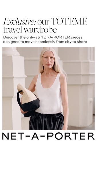 This NET-A-PORTER image ad features a long shot of a slender model with fair skin and long white hair wearing a simple w