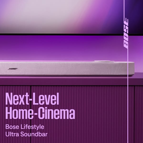 This ad promotes the Bose Lifestyle Ultra Soundbar. It shows the soundbar sitting on a table beneath a television. The c