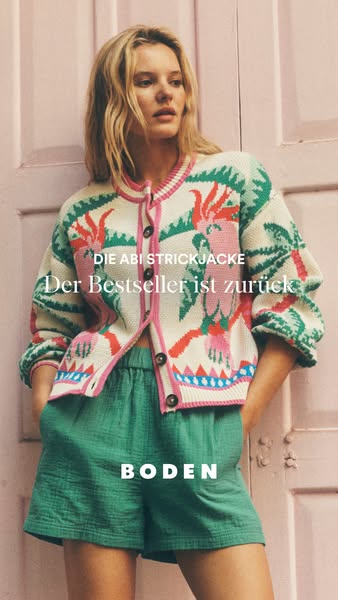 This ad features a blonde woman wearing a tropical-themed knit jacket and matching green shorts. The text highlights tha