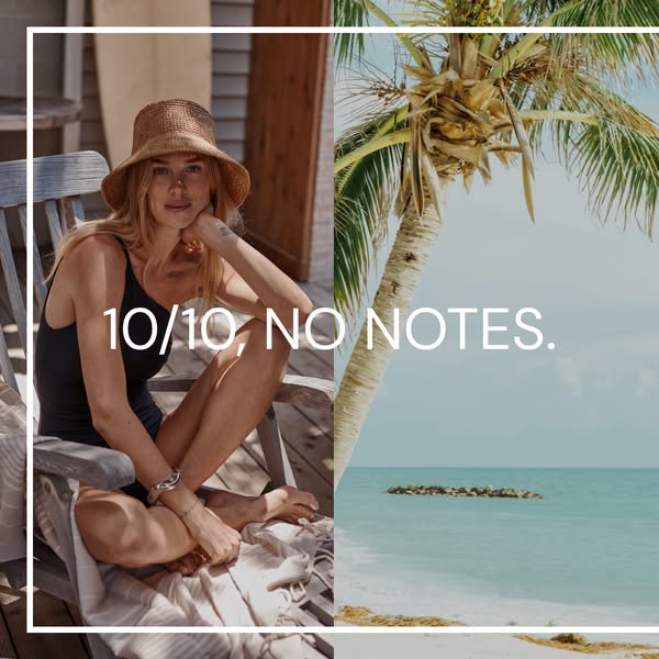 An image ad featuring a woman wearing a black swimsuit, styled with jewelry and a straw hat, relaxing on a chair with a 