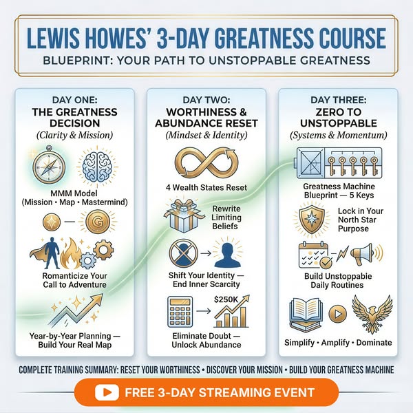 This ad promotes the Lewis Howes' 3-Day Greatness Course. The ad is a blueprint that breaks down the course into thr
