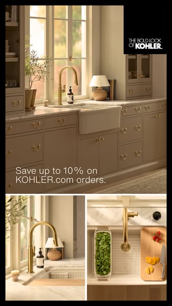This ad for Kohler promotes a discount of up to 10% on purchases made through their website. The ad showcases a modern k