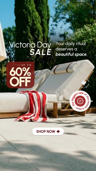 The ad showcases outdoor furniture and decor, advertising a Victoria Day Sale with up to 60% off. The scene is styled to