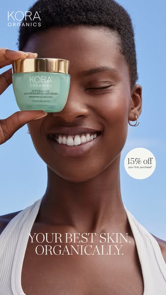 This ad for Kora Organics features a woman holding a jar of Active Algae Lightweight Moisturizer. The ad highlights a 15