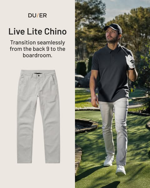 This ad shows a man wearing a pair of "Live Lite Chino" pants from DU/ER. The ad is selling the feature that t