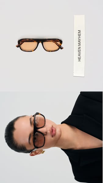 This is a product display ad for Heaven Mayhem sunglasses, featuring a top-down shot of the frames and a woman wearing t