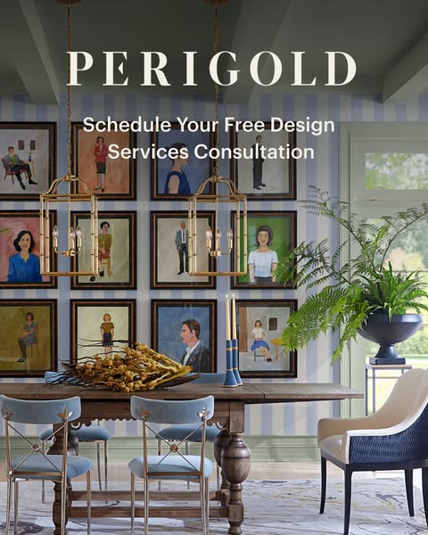 This image ad for Perigold promotes a free design services consultation. The setting is an elegant dining room.
