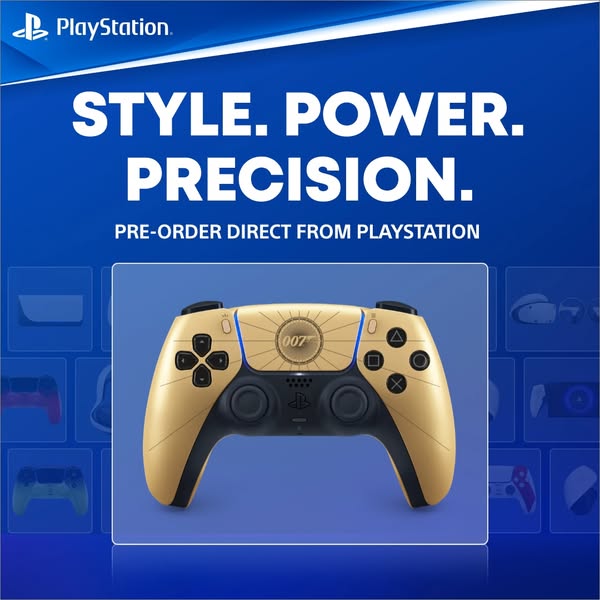 This is an image ad for PlayStation featuring a custom 007 limited edition game controller. The ad prompts viewers to pr