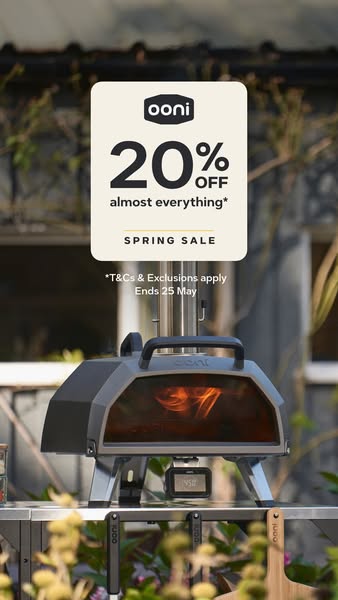 This image ad for Ooni advertises a 20% off sale on almost everything for their spring sale event. The ad features an Oo