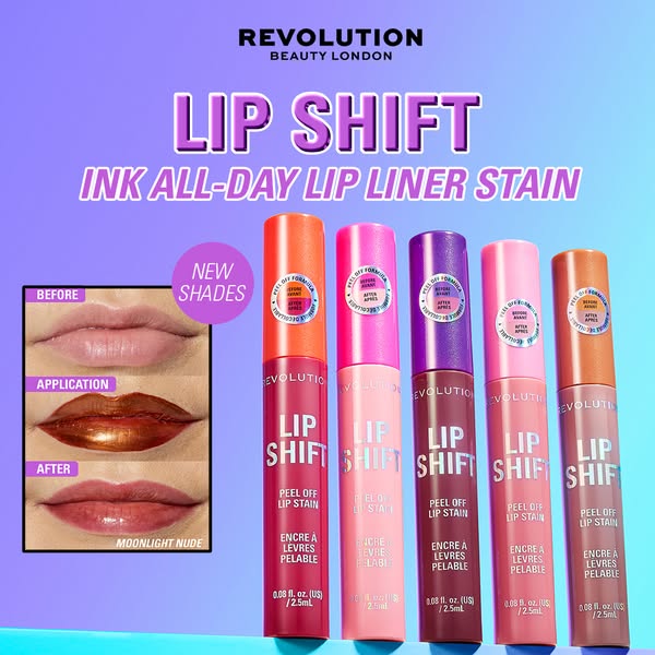 An image ad for Revolution Beauty London's Lip Shift Ink All-Day Lip Liner Stain. The ad features five different col