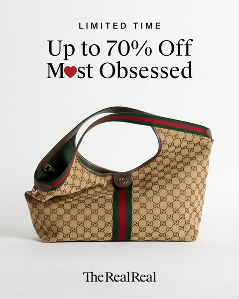 The image ad by The RealReal promotes a limited-time offer of up to 70% off most obsessed items, featuring a Gucci handb