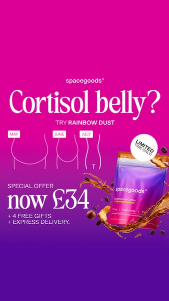 This image ad for Spacegoods promotes their Rainbow Dust product as a solution to cortisol belly with a limited-time off