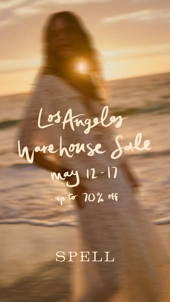 This image ad promotes Spell's Los Angeles warehouse sale. It features a woman in a flowing dress walking on a beach