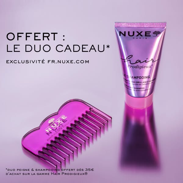 This image ad from Nuxe promotes a limited-time offer where customers receive a comb and shampoo duo with purchases over