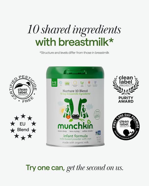 This ad promotes Munchkin's Nurture 10 Blend infant formula, highlighting its shared ingredients with breastmilk and