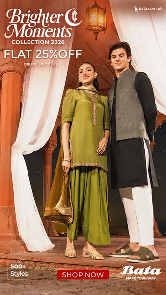 This ad promotes Bata's Brighter Moments Collection 2026, offering a flat 25% discount online. It features a man and