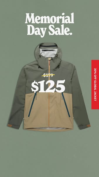 This image ad promotes a Memorial Day sale with a discount on a global jacket. The ad displays a jacket with a clear pri