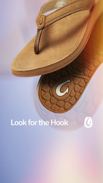 This ad features a close-up shot of OluKai flip-flops. The visuals highlight the brand's logo and aims to build bran